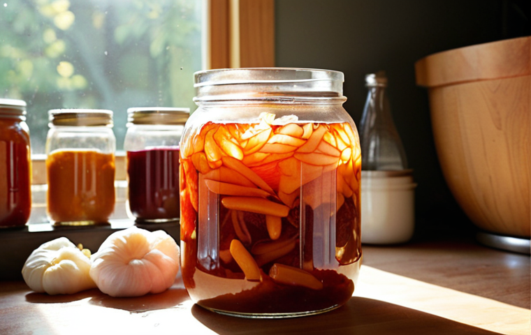 **Prompt:** A close-up, warm and inviting scene in a cozy home kitchen, showcasing the magic of homemade fermentation. In the foreground, a glass jar of kombucha actively bubbling with a visible SCOBY, and next to it, a bowl of vibrant, freshly mixed kimchi ingredients. Soft natural light illuminates the scene, highlighting the textures and the sense of creation. Emphasize the wonder and satisfaction of transforming ingredients through time and microorganisms. **Style:** Realistic, highly detailed, inviting atmosphere.